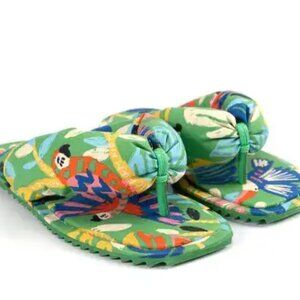 FARM Rio Green Forest Birds Puffy Flat Sandal Color: FOREST BIRDS GREEN
